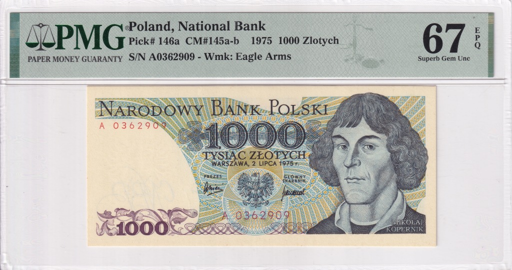 1000 Złotych Polska 1975 PMG 67 EPQ Seria A