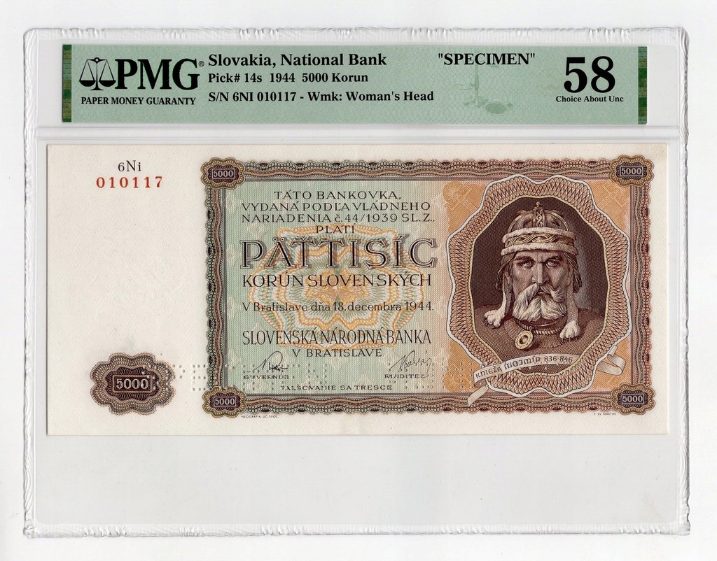 Słowacja 5000 koron 1944 SPECIMEN Grading PMG 58 EPQ