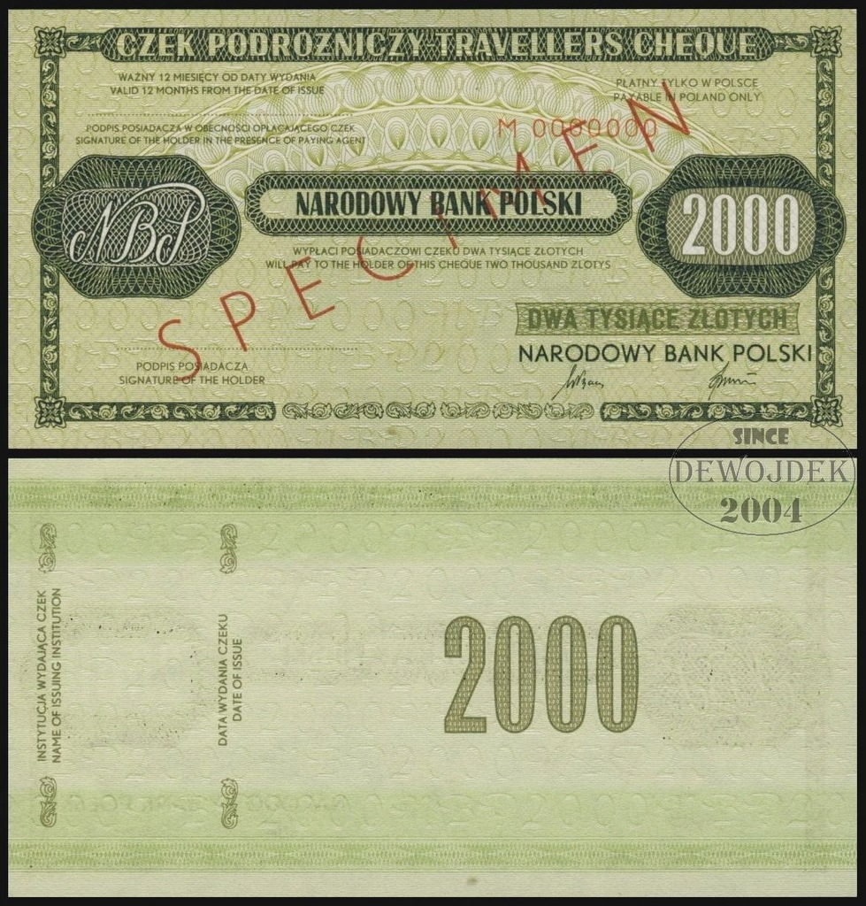OBP - CZEK PODRÓŻNICZY NBP 2000 złotych M # SPECIMEN # WZÓR # st 1