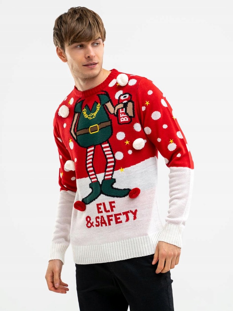 SWETER ŚWIĄTECZNY Męski ZABAWNY ŚMIESZNY WESOŁY Ciepły MODNY ELF Czerwony M