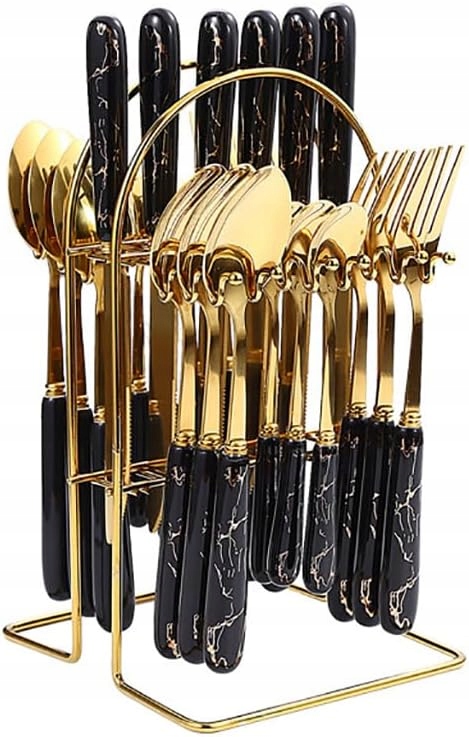 Komplet zestaw sztućców złote czarno-złote marmur 24 elementy na stojaku
