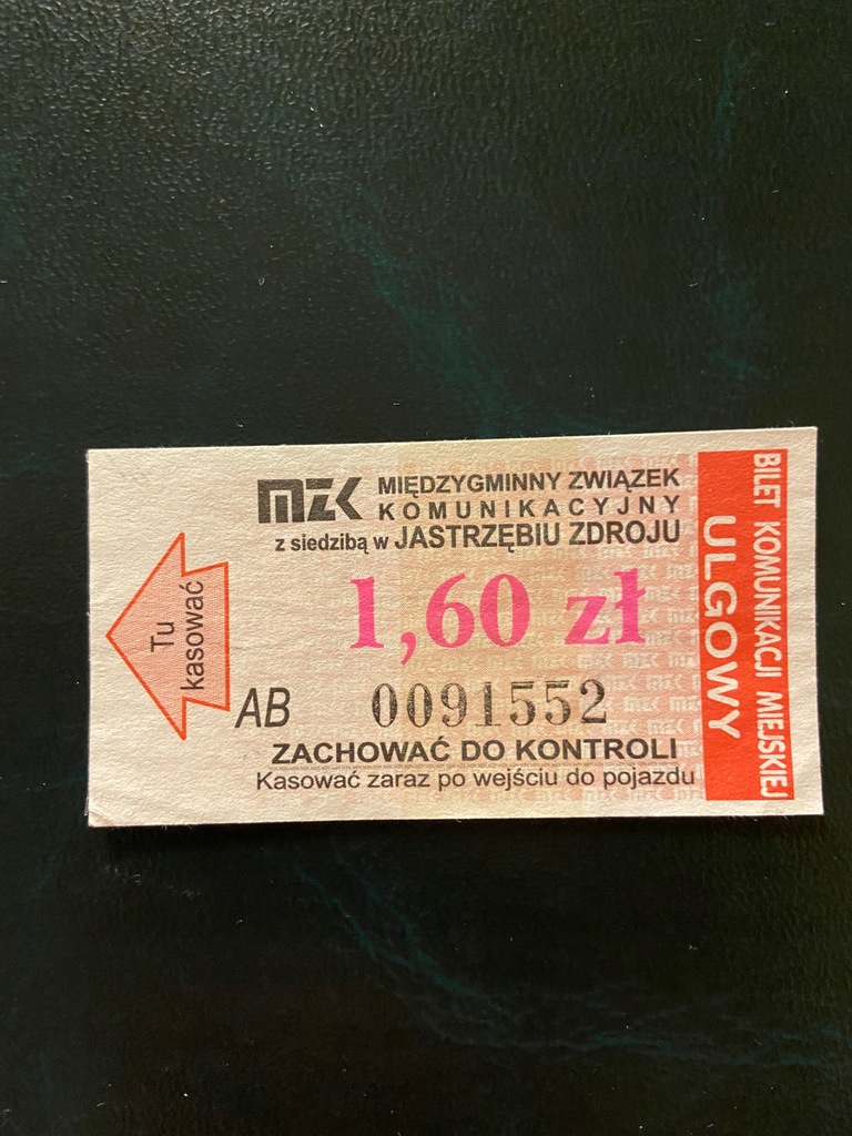 Bilet MZK JASTRZĘBIE-ZDR. 1,60zł U czerwony+ pasek