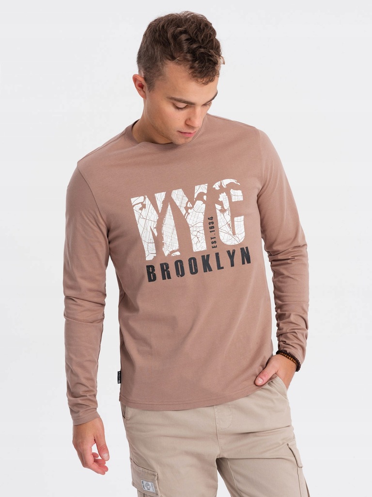 Longsleeve męski z nadrukiem motywu mapy jasnobrązowy V1 OM-LSPT-0115 XL