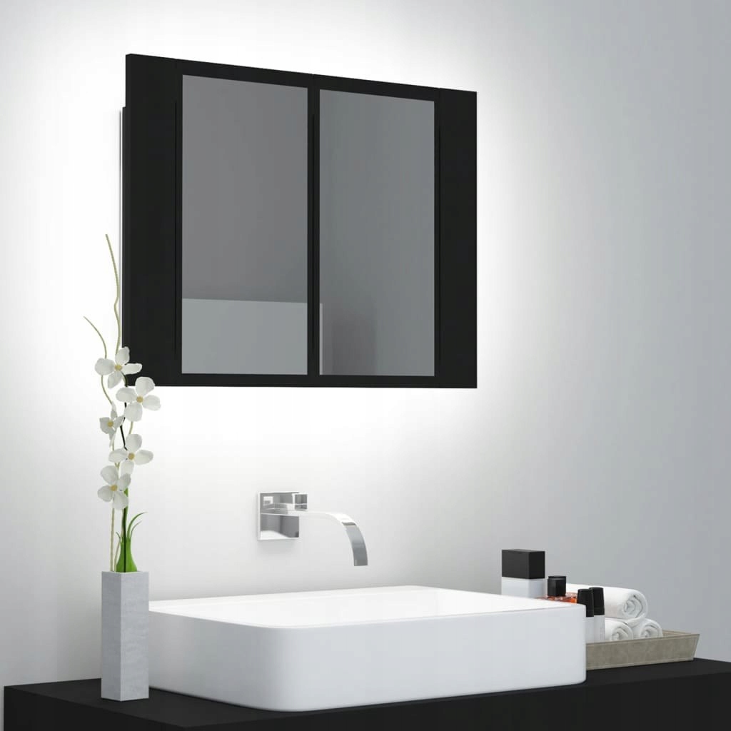 Szafka łazienkowa z lustrem i LED, czarna, 60x12x45 cm, akryl