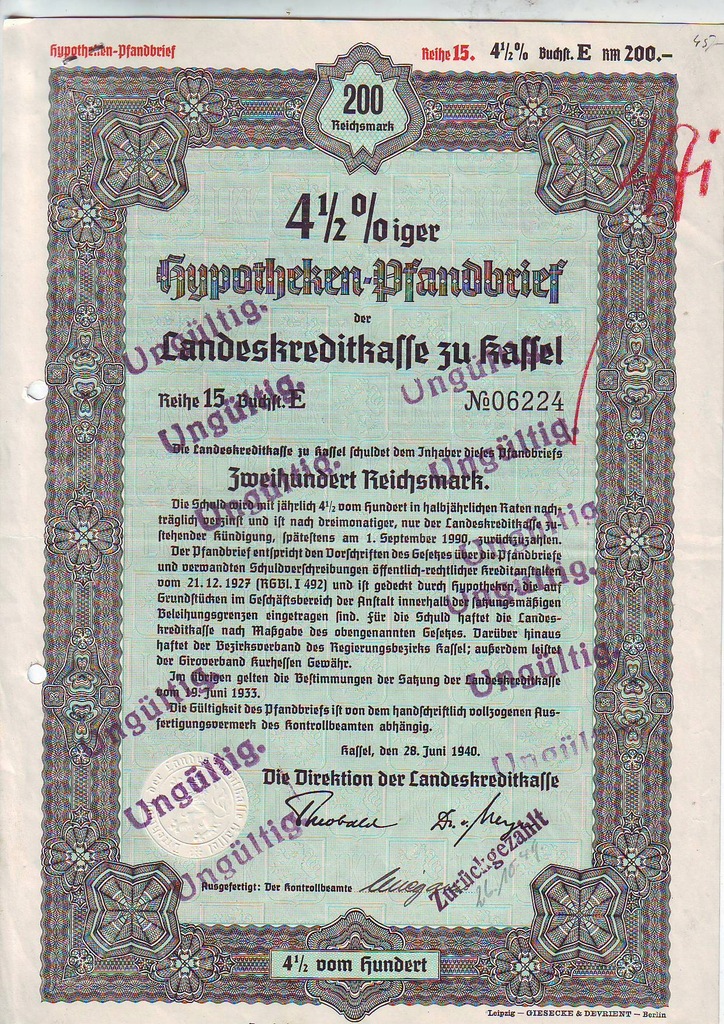 Kassel, list zast. hipoteczny na 200 marek, 1940