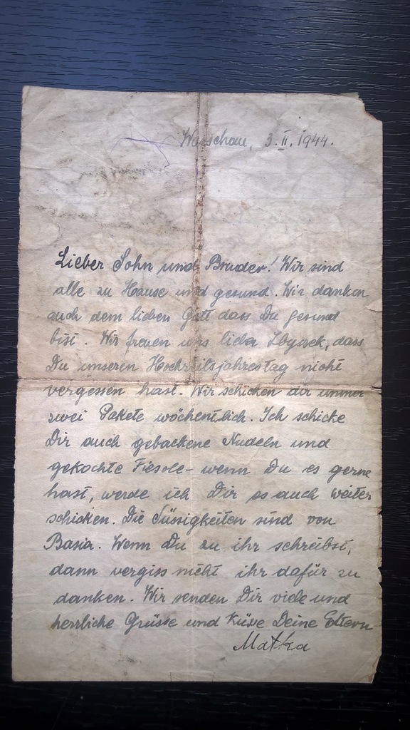 List do obozu - Warschau KL Auschwitz 1944 rok.