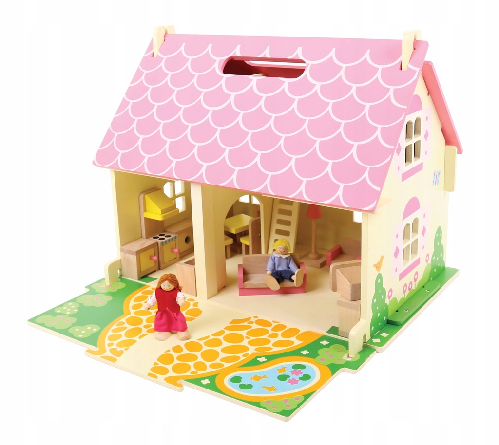 Domek dla lalek Drewniany Przenośny mebelki +lalki
