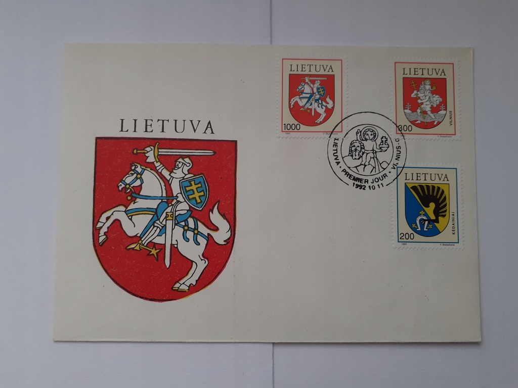 koperta jak FDC - Litwa , rycerz , Wilno 1992 herb