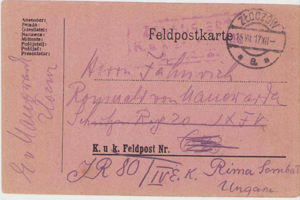 Feldpostkarte -1917 Złoczów - Węgry- Polski tekst