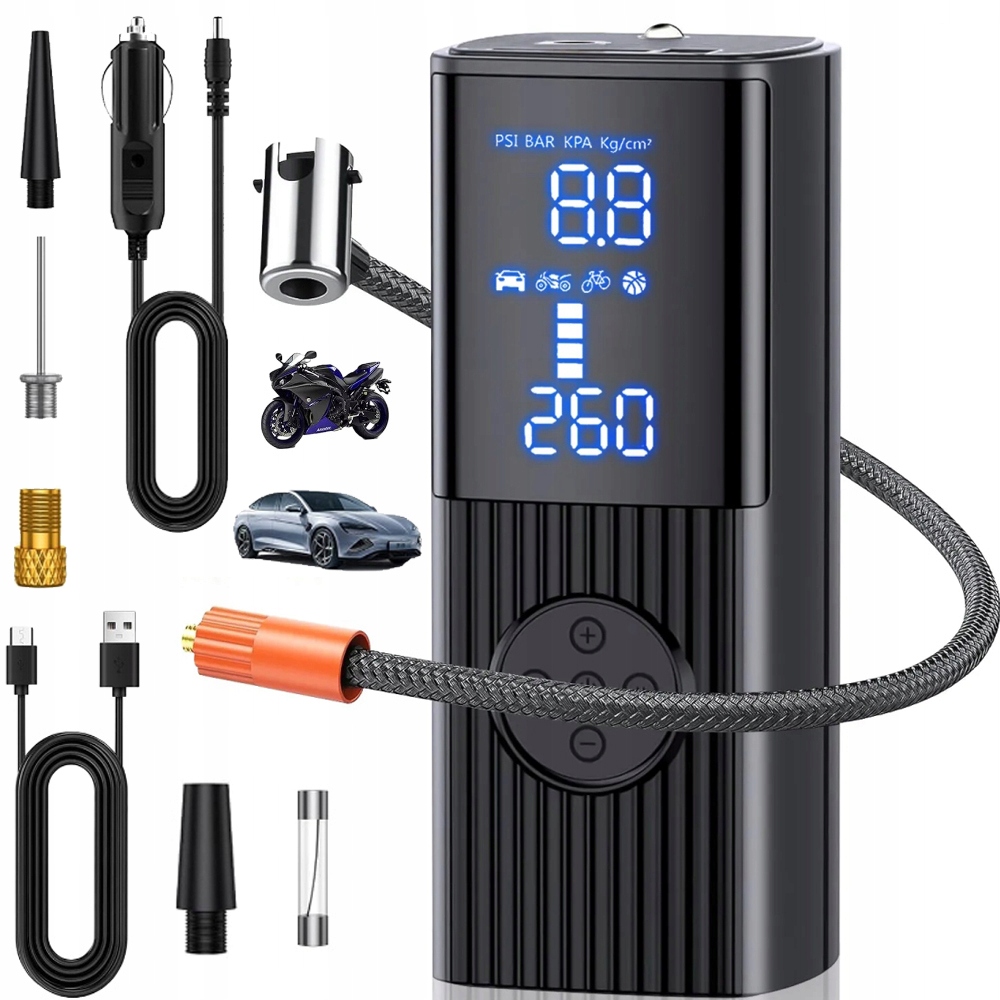 ELEKTRYCZNA POMPKA SAMOCHODOWA 6000 MAH + OŚWIETLENIE LED DO MOTOCYKLI