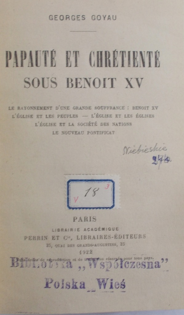 Papaute et chretiente sous benoit XV 1922 r.