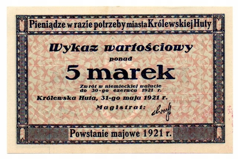 KRÓLEWSKA HUTA 5 marek Powstanie majowe 1921. Stempel 29mm