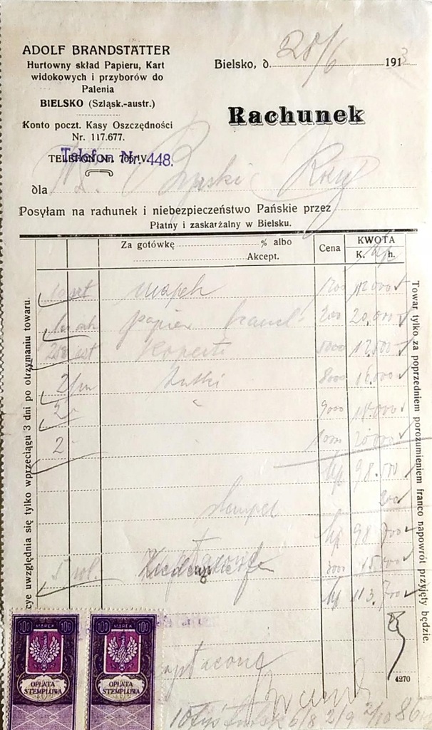ADOLF BRANDSTATTER-HURTOWNIA SKŁAD PAPIERU BIELSKO 1913