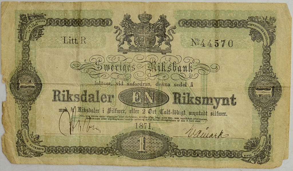 10.fu.Szwecja, 1 Riksdaler 1871 rzadki, St.3-