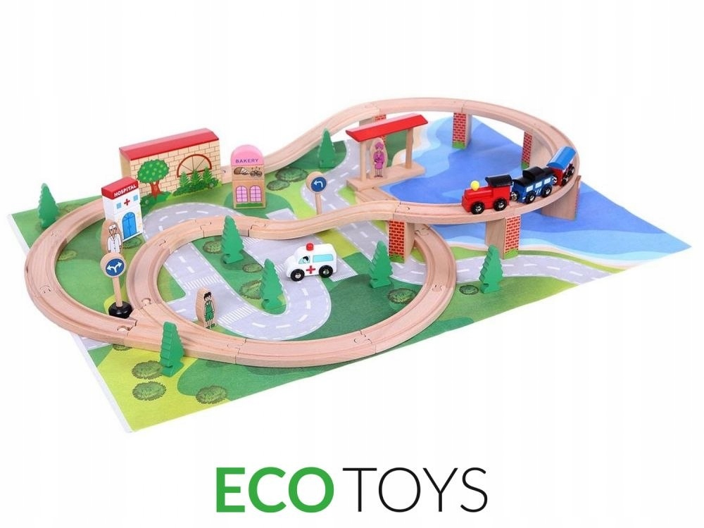 KOLEJKA DREWNIANA 50 ELEMENTÓW Z MATĄ ECOTOYS