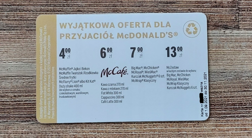 Biała koperta + gratis NOWA bonifikarta McDonald's