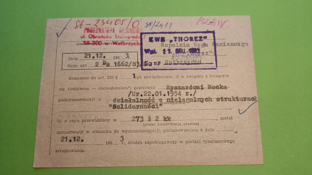 Oryg. Zawiadom Prokuratury do KWK Thorez o Areszcie Działacza Solidarności