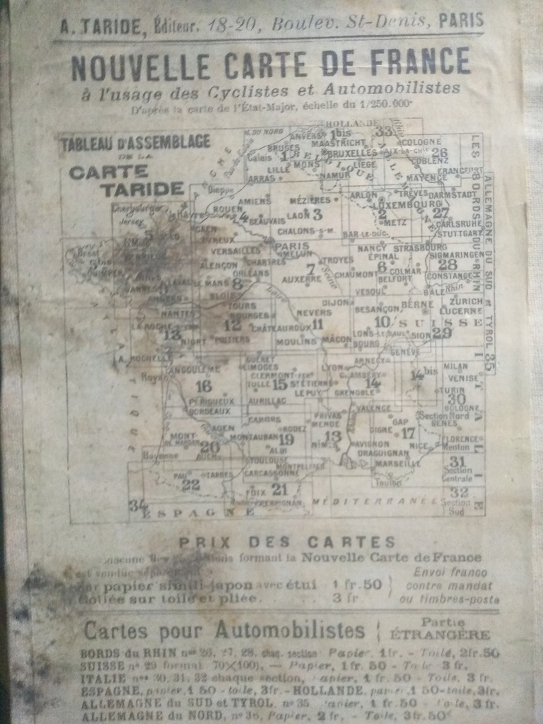 Taride 20. Mapa samochodowa i rowerowa Francji Bordeux Toulouse, ok. 1920