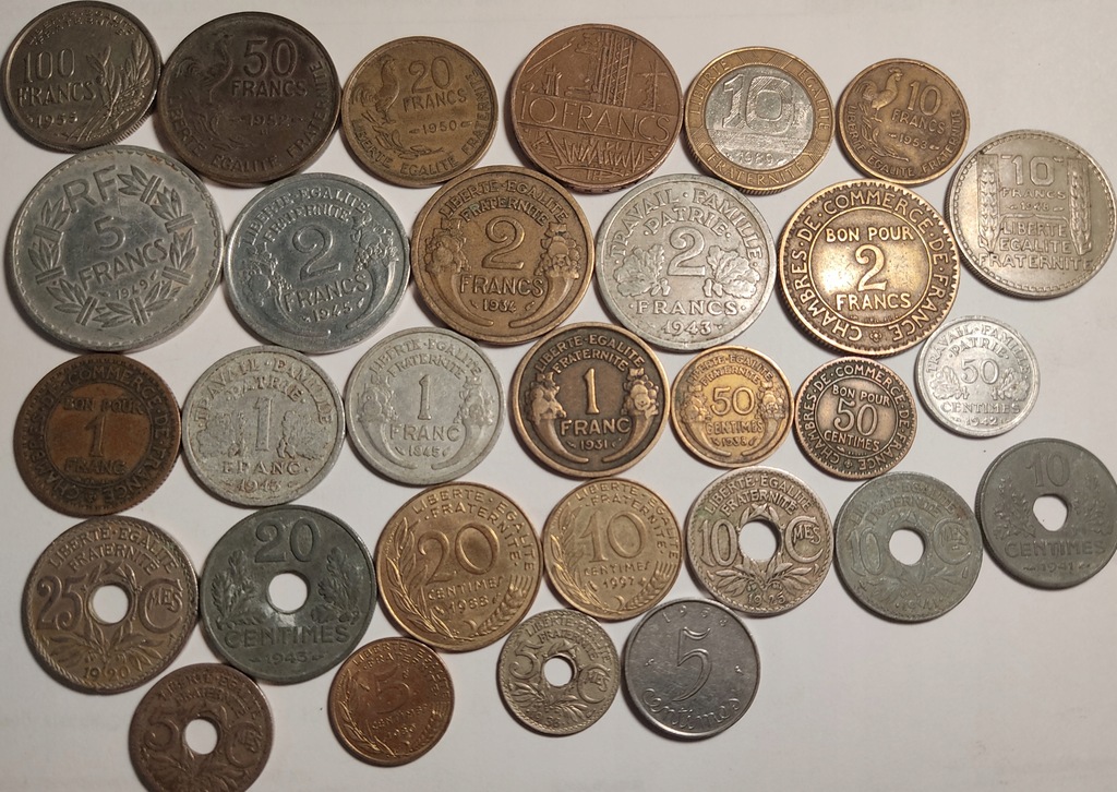 Zestaw przedwojennych, starych monet Francja 30szt