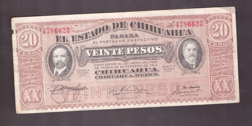 Meksyk - Chihuahua -Banknot - 20 Pesos 1915 rok R!