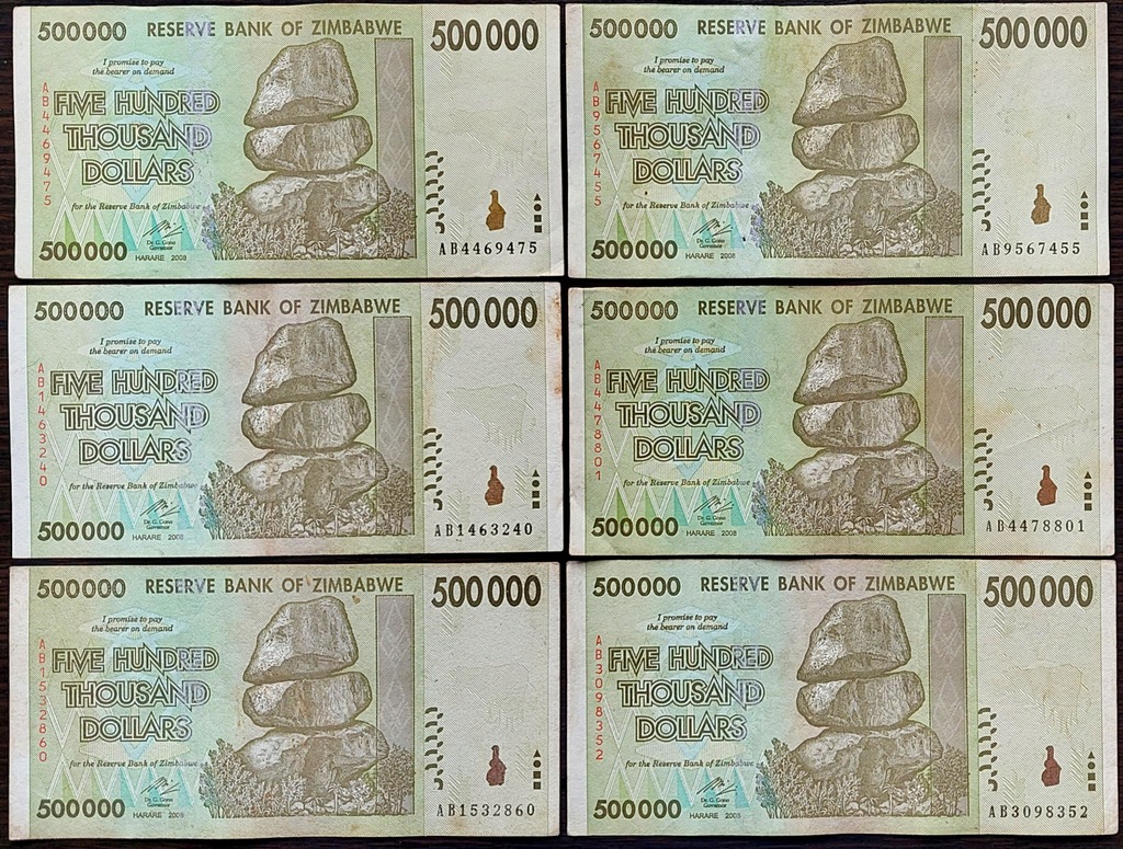#026. Banknot Zimbabwe 500 000$ 2008r. Seria AB Obiegowy