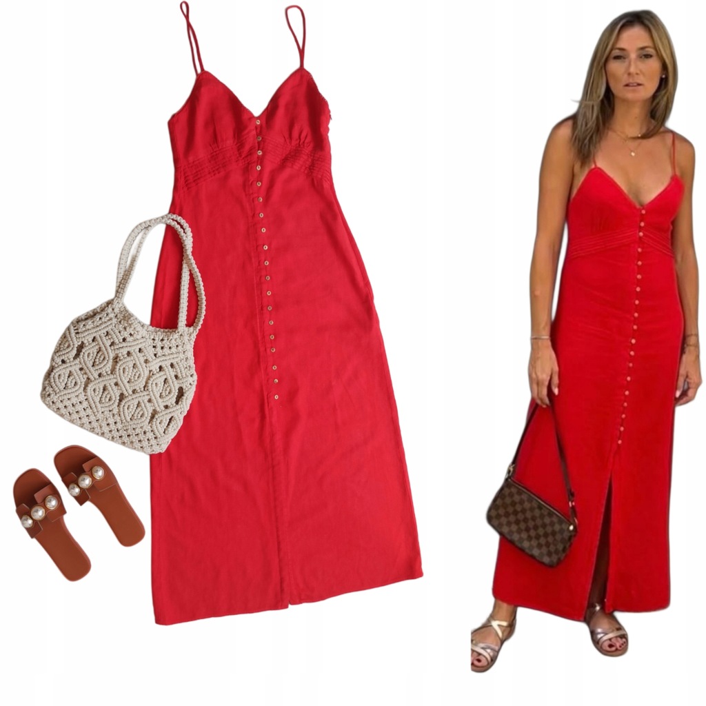 ？！様 Zara sukienka czerwona len wiskoza s 36 midi - 17435314356