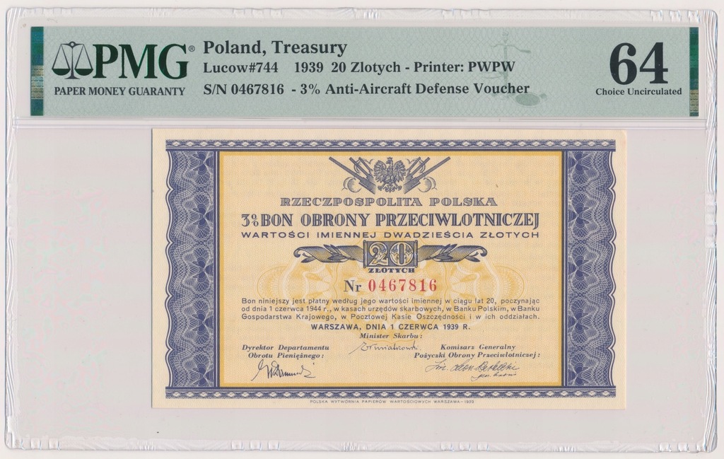 9775. Bon Obrony Przeciwlot., 20 zł 1939 - PMG 64