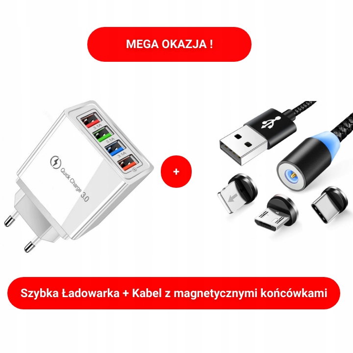 SZYBKA ŁADOWARKA SIECIOWA 4x USB + Gratis Kabel