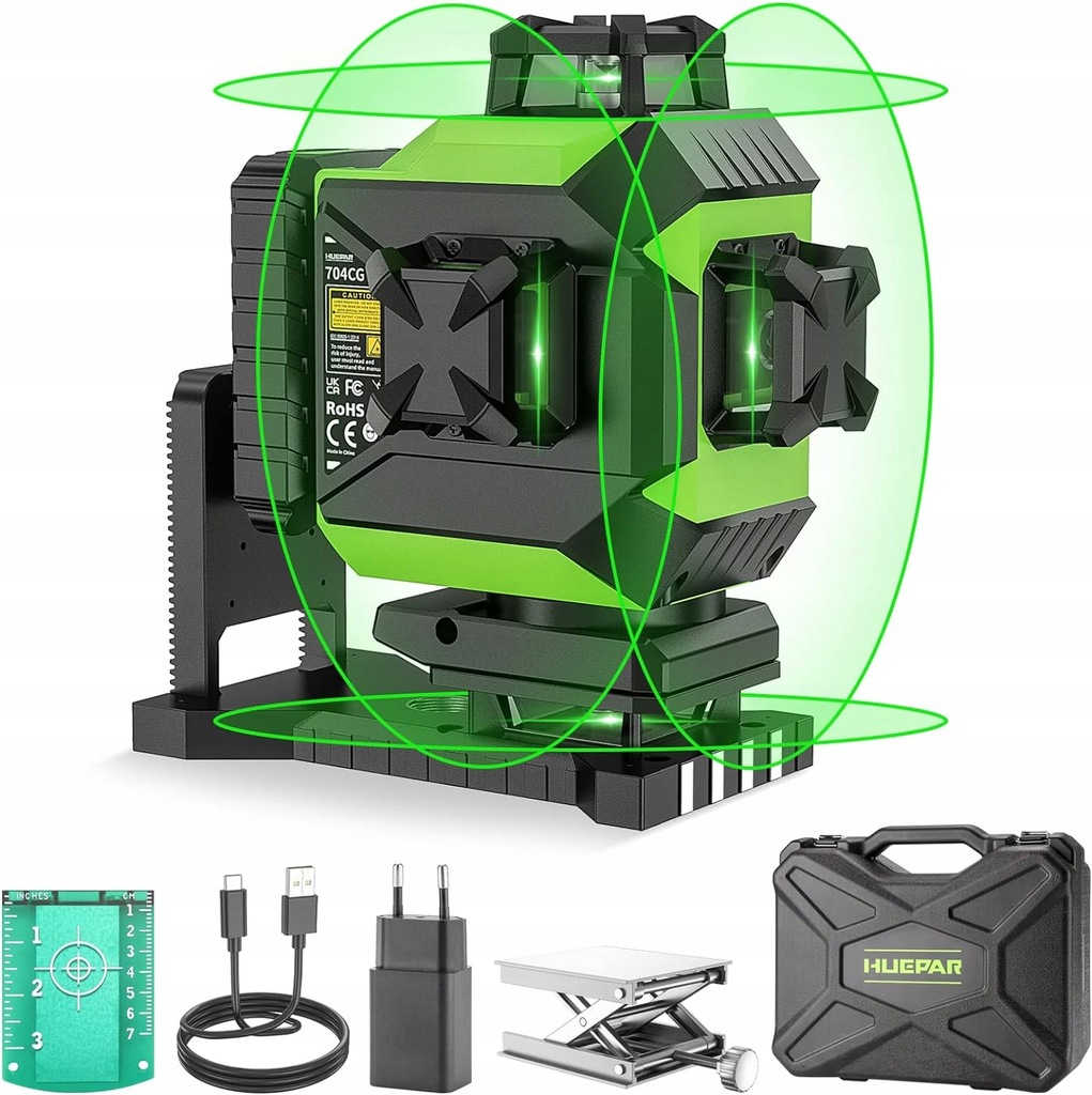 Laser krzyżowy Huepar 704CG 40 m Gream Beam 4D samopoziomujący 16 linii