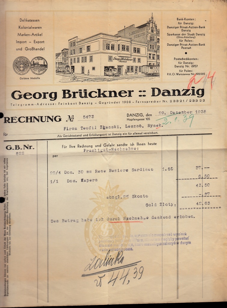 Gdańsk- rachunek f-my Bruckner 1938r