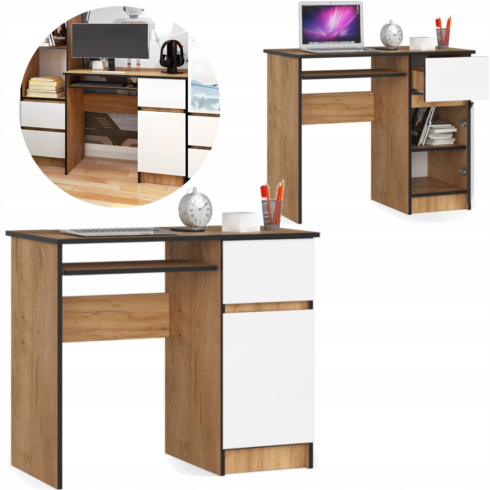 BIURKO KOMPUTEROWE BIUROWE DĄB CRAFT BIAŁE SZUFLADY NOWOCZESNE 90 A6 PRAWE