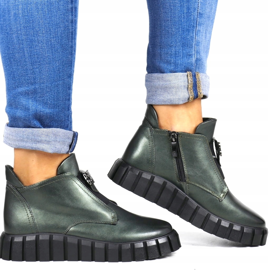 DAMSKIE BOTKI NA PŁASKIEJ GRUBEJ PODESZWIE TRAPERZE ZIELONE HOT POTOCKI 37