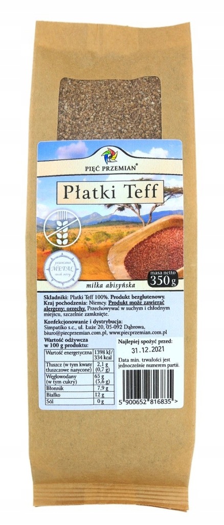 PŁATKI TEFF BEZGLUTENOWE 350 g - PIĘĆ PRZEMIAN