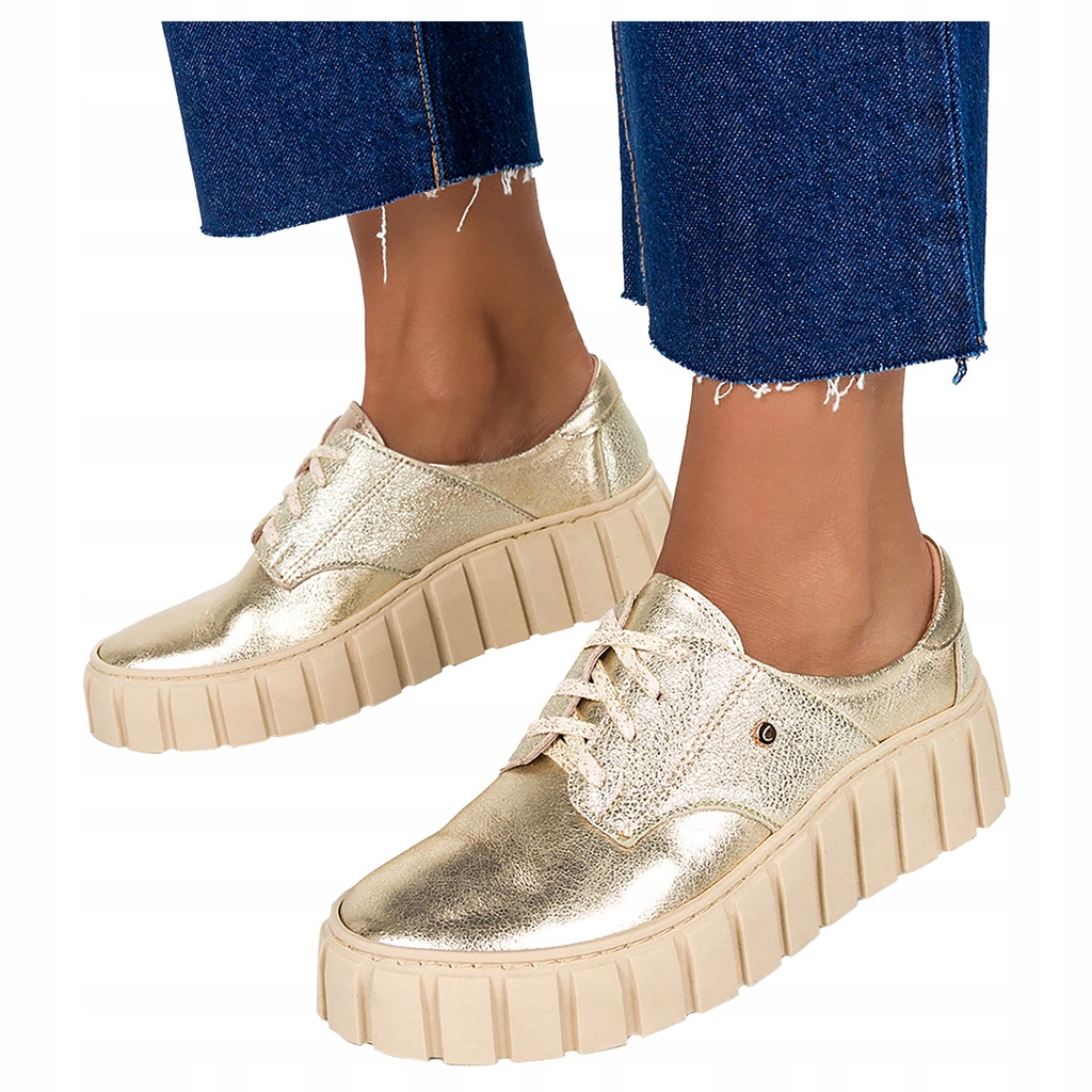 Złote SKÓRZANE Trampki Damskie Creepersy Sportowe Buty PRODUKT POLSKI r 39