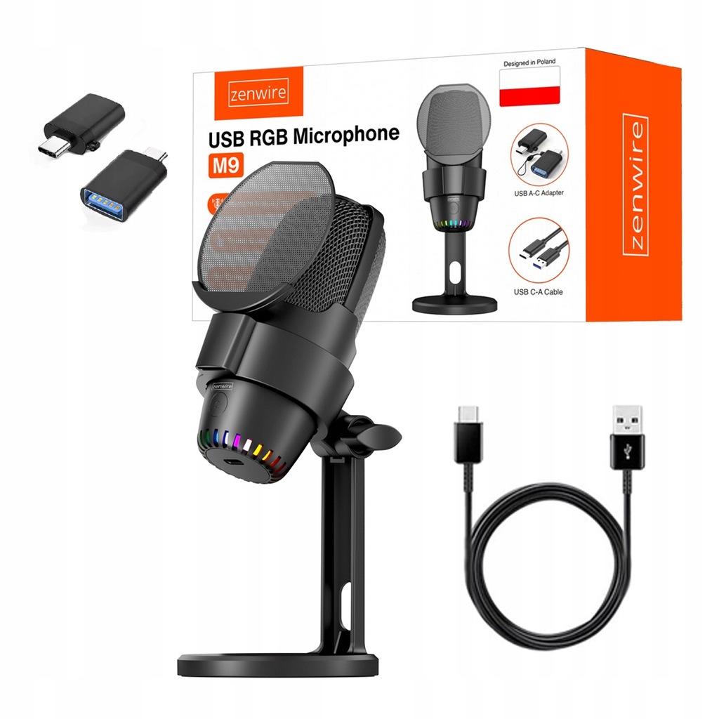 Mikrofon Pojemnościowy do Komputera Studyjny Statyw Gamingowy USB-C USB 3.0