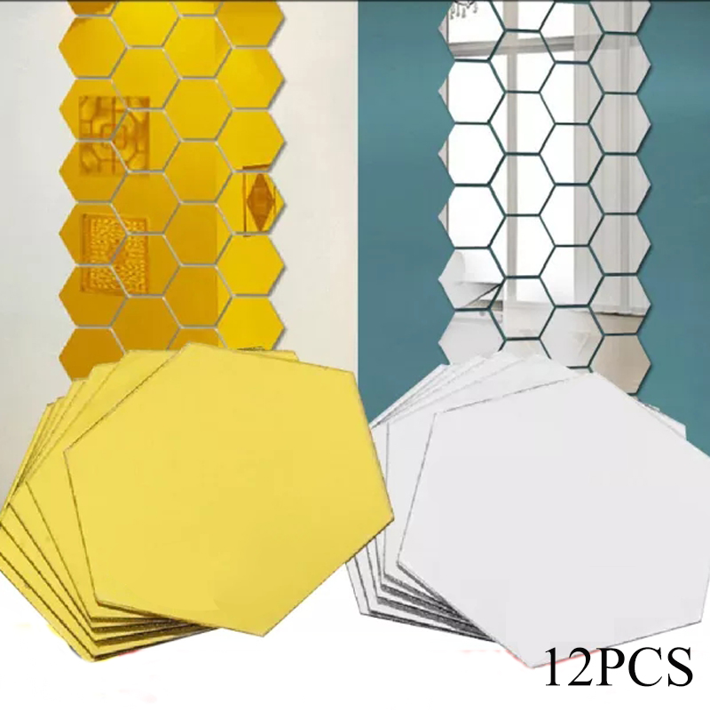 12pcs Mirror Wall Stickers Hexagon Shape Acrylic