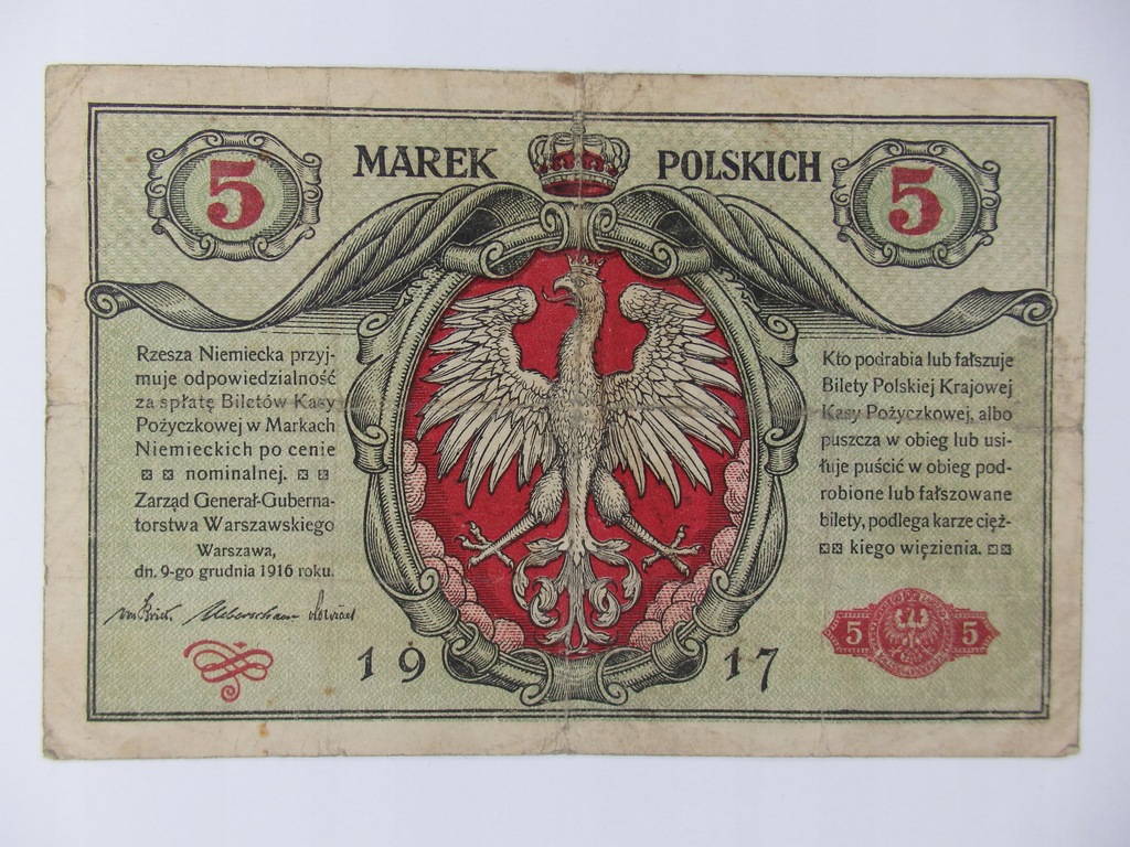 Polska - 5 marek polskich - 1916 - Generał - seria A - Biletów - Rzadki