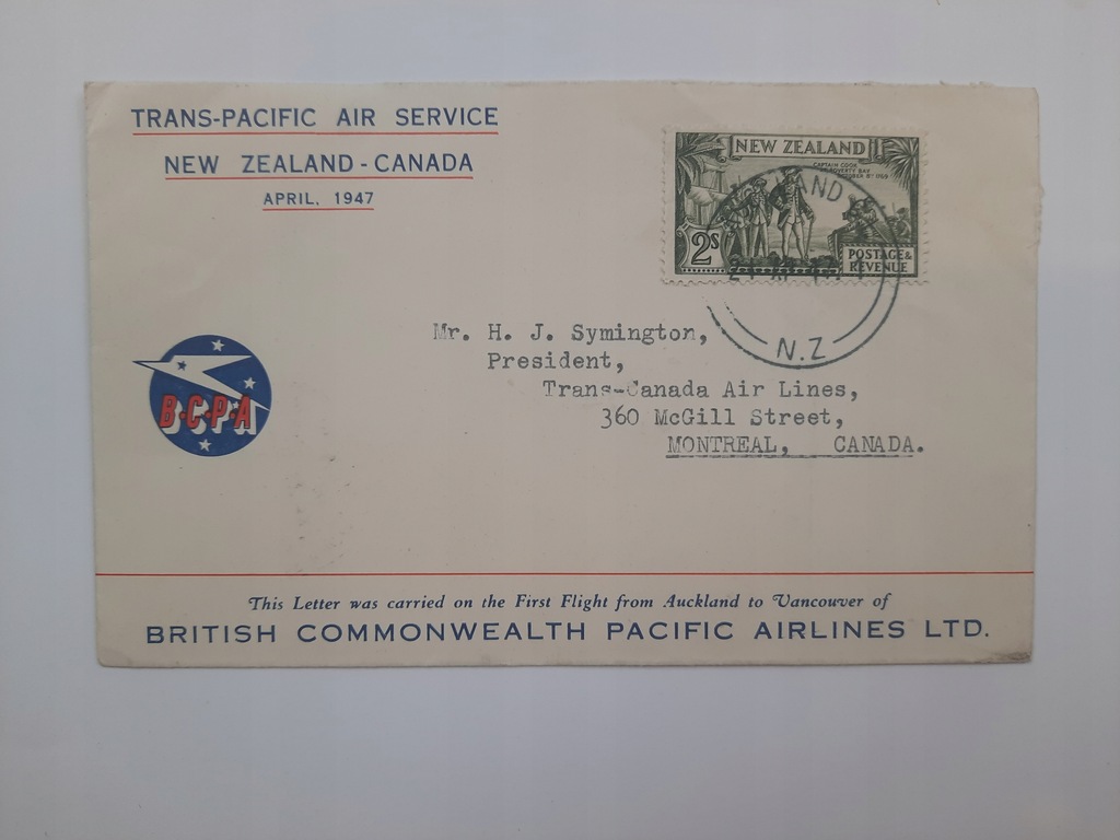 Poczta Lotnicza New Zealand Canada Montreal 1947