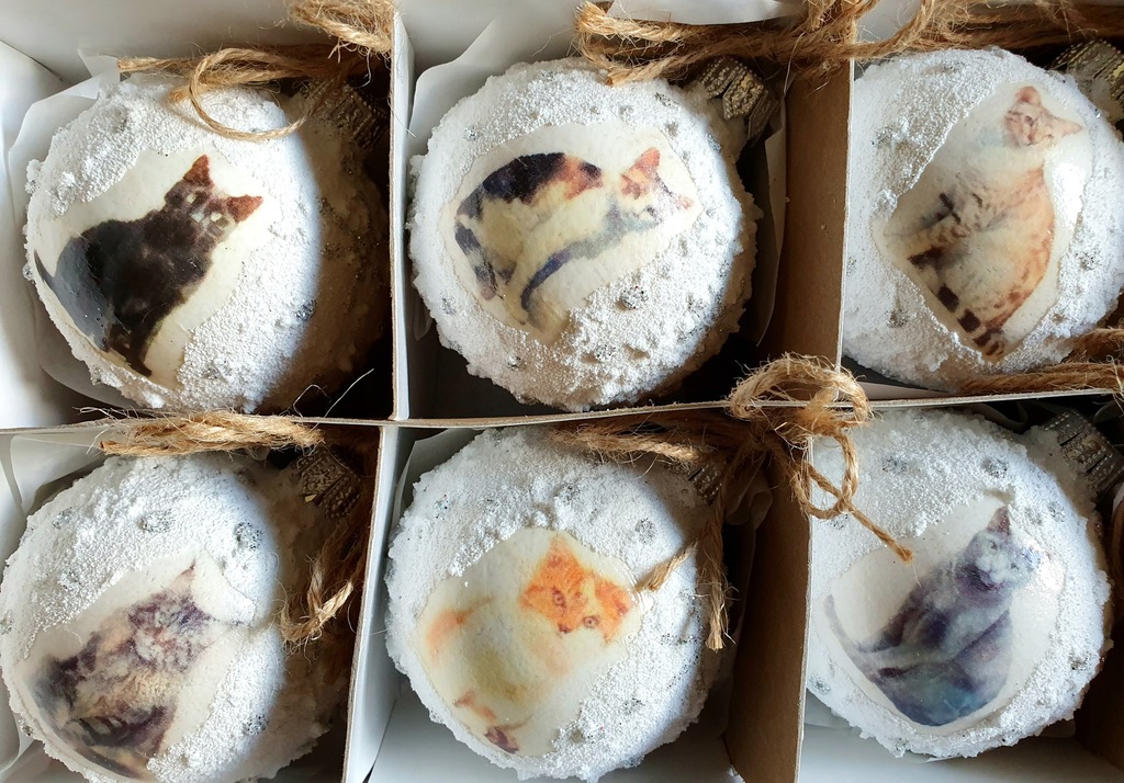 Szklane bombki dwustronne 60mm 6cm 6szt koty kotki rękodzieło