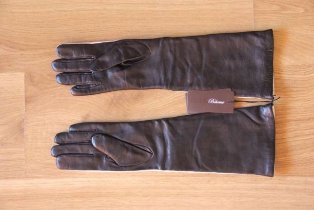 Ochnik skora owcza długie rękawiczki białe czarne