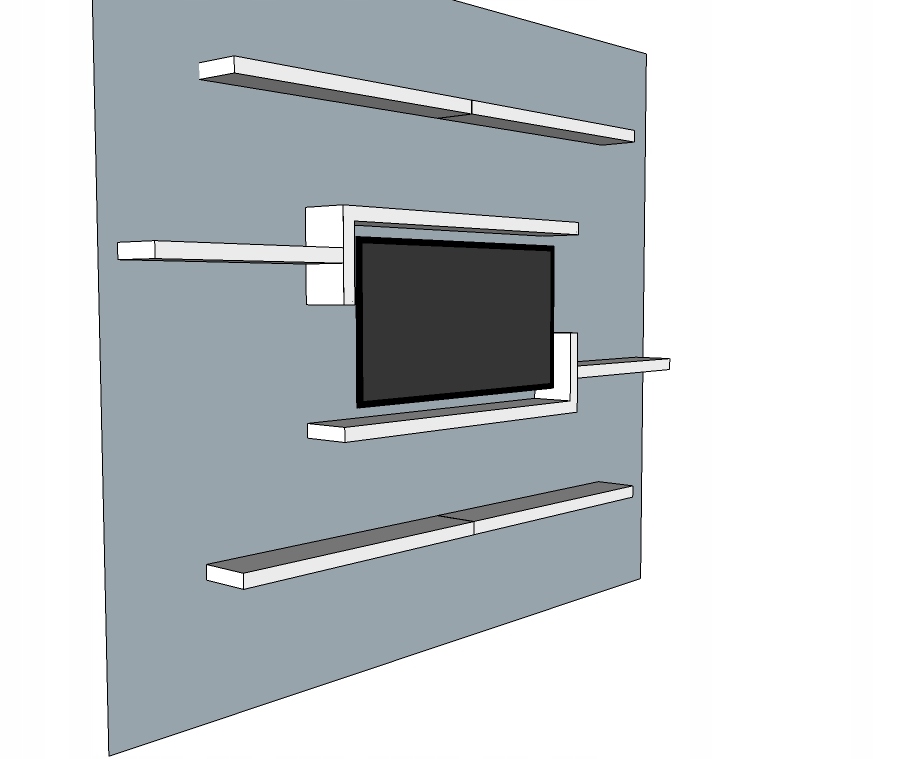 ZABUDOWA ŚCIANY TV Z PŁYTY GK Z PÓŁKAMI DO SALONU