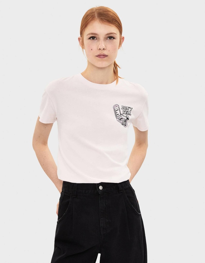 01J057 BERSHKA__MK6 RÓŻOWY T-SHIRT NADRUK__XS