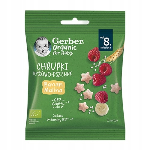 Gerber Organic, chrupki ryżowo-pszenne, banan, malina, 8 m, 7 g
