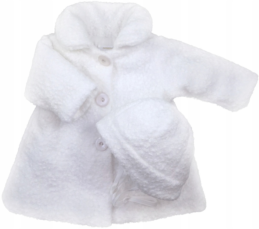 KOMPLET płaszczyk + czapka zestaw biały zimowy ciepły z bukli 68 cm +4m