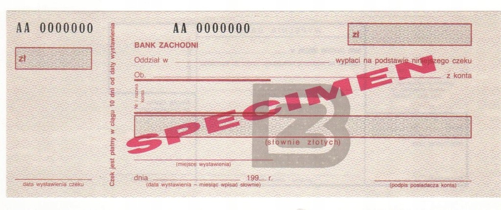 czek specimen Bank Zachodni SA BZ1