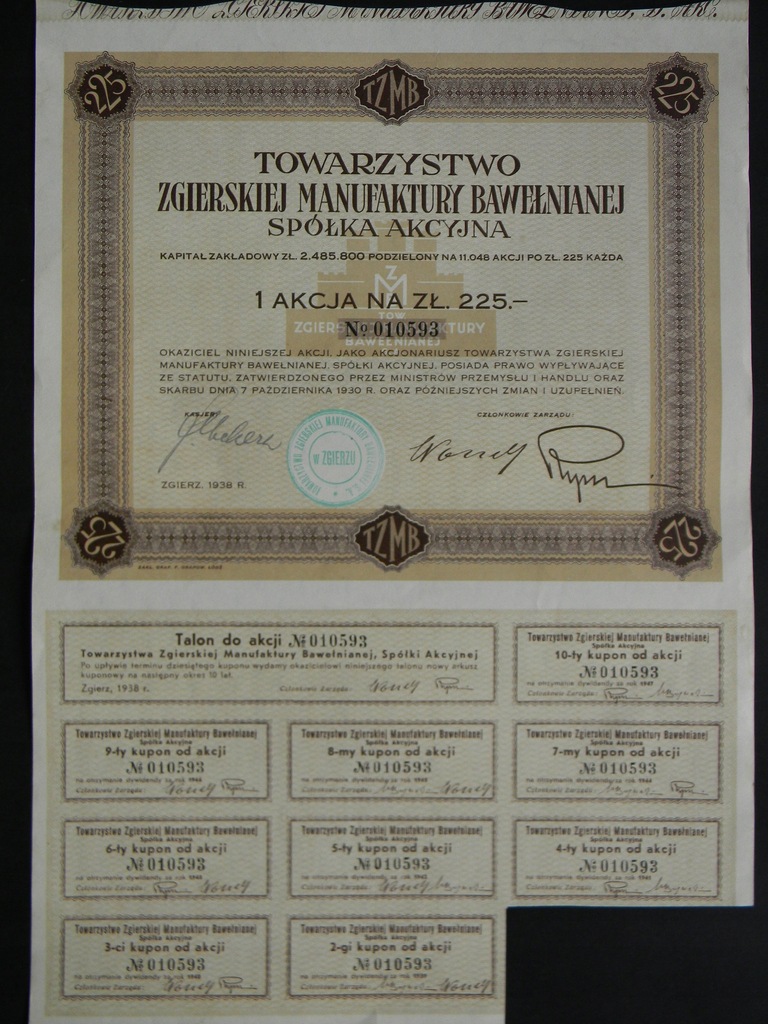 ZGIERZ 1938 TOWARZYSTWO MANUFAKTURY BAWEŁNIANEJ