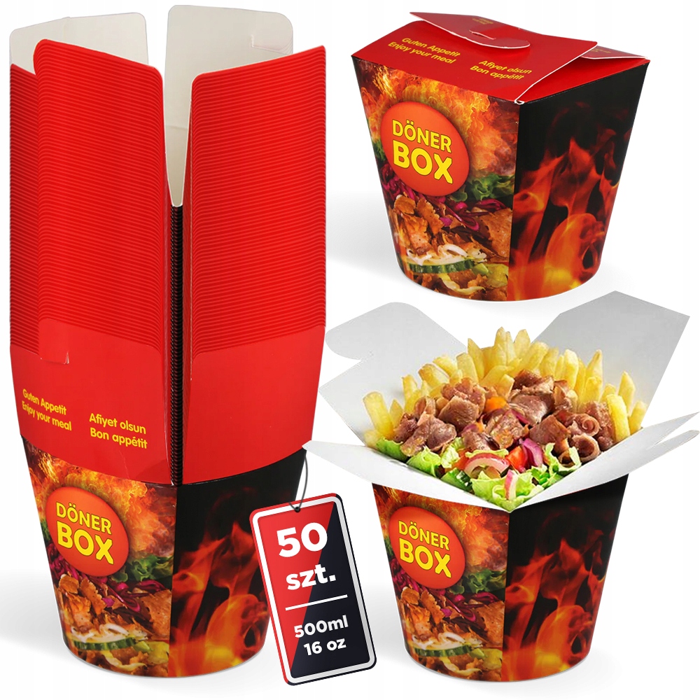 OPAKOWANIE NA KEBAB BOX 500ml PUDEŁKO PAPIEROWE NADRUK DONER 16oz 50