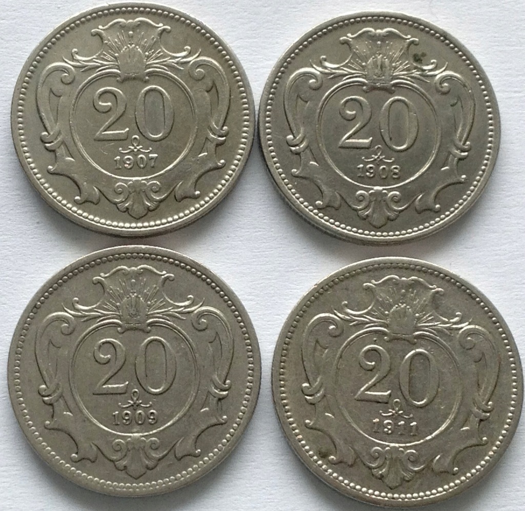 Austria 20 halerzy 1907 1908 1909 1911 (4szt)