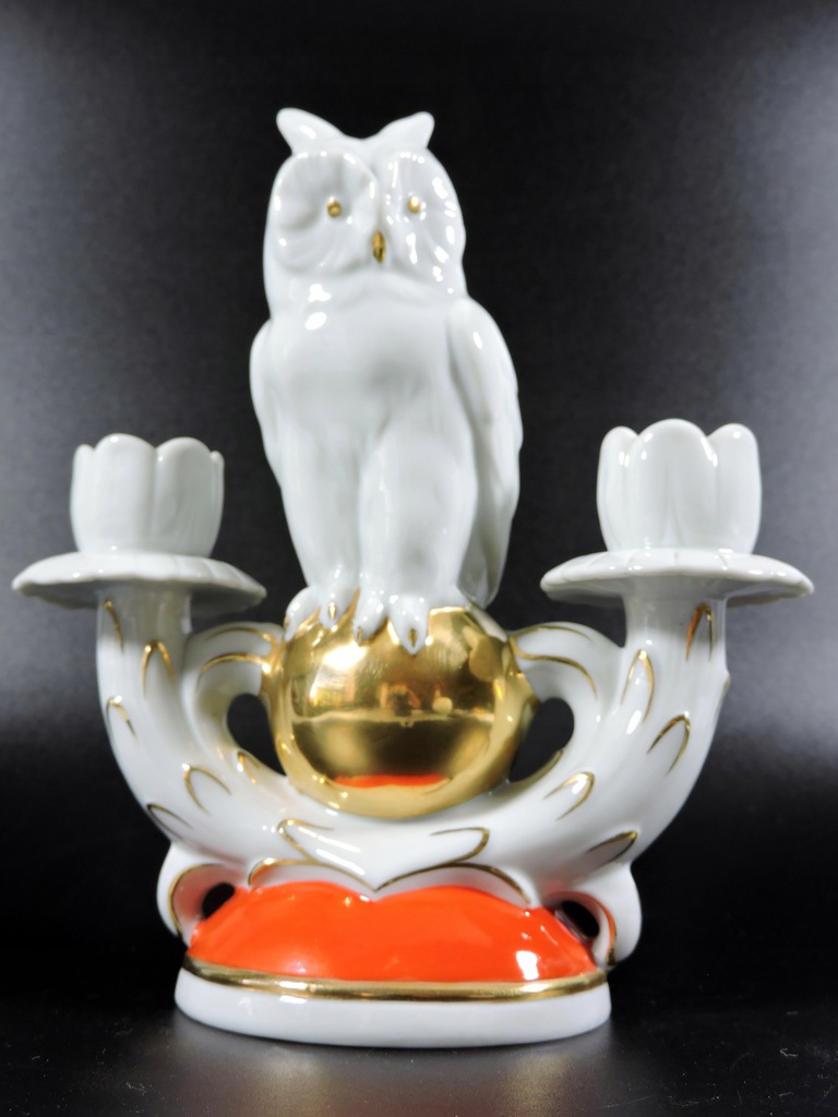 Świecznik figurka sowa antyk 1930 Wallendorf złoto