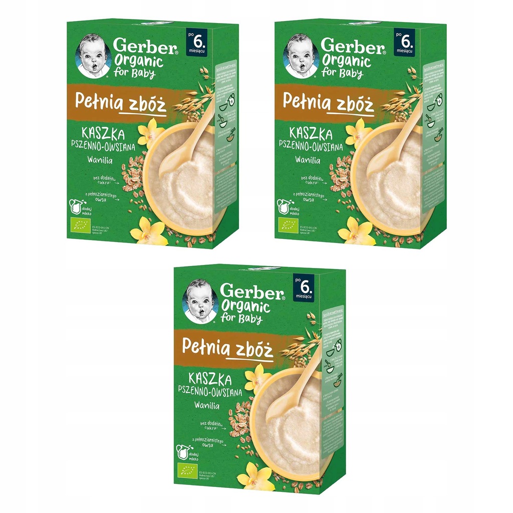 GERBER ORGANIC Kaszka pszenno-owsiana wanilia po 6. miesiącu 3x200g